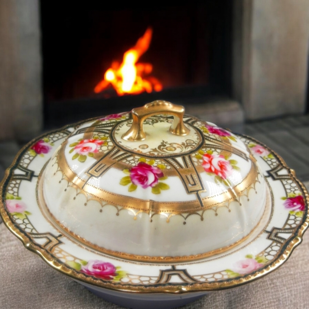 Antique Noritake Nippon Rose Cheese Plate Domed Vented Lid, Hand Painted is brea